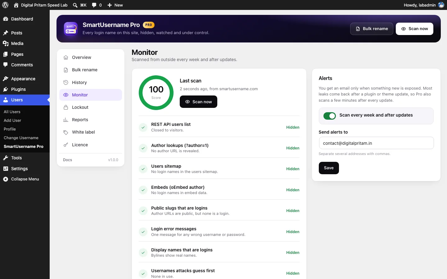 SmartUsername Pro exposure monitor with every check from outside