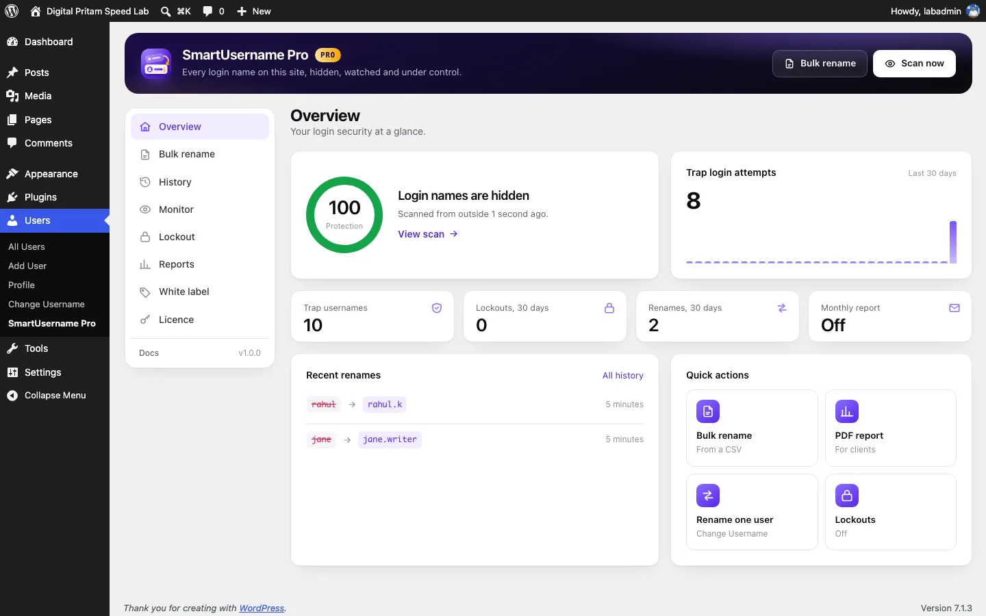 SmartUsername Pro overview: protection score, trap attempts, recent renames and quick actions