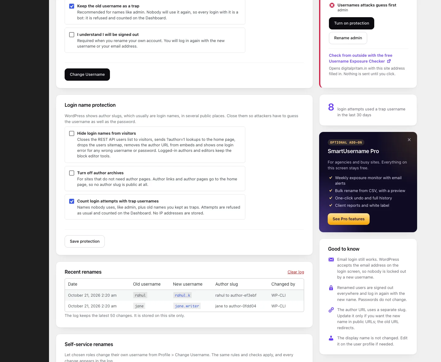 SmartUsername: Rename a user with the live check and the exposure check