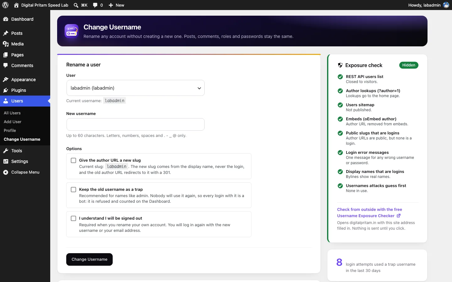 SmartUsername: Login name protection on, every check hidden