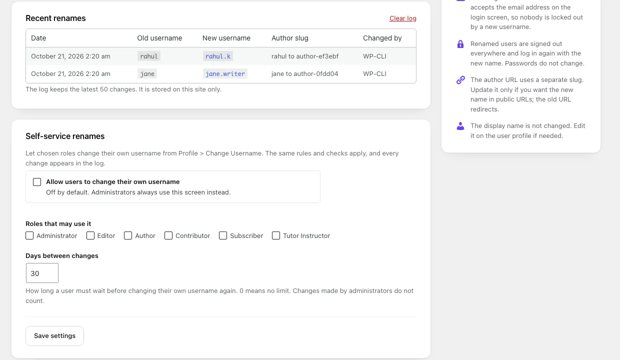 SmartUsername: The rename log and self-service settings
